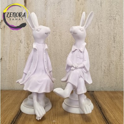 2'li Tavşan Biblo Ham Polyester Obje 