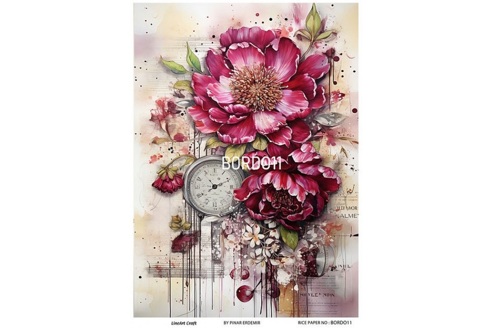 Lineart Pirinç Dekopaj Kağıdı 29*42 Çiçek Ve Saat BORDO11