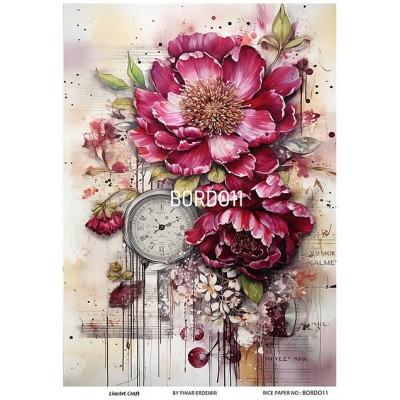 Lineart Pirinç Dekopaj Kağıdı 29*42 Çiçek Ve Saat BORDO11