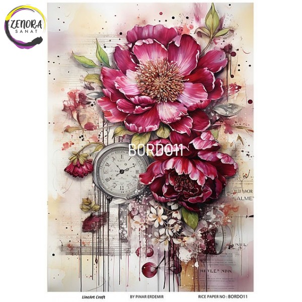 Lineart Pirinç Dekopaj Kağıdı 29*42 Çiçek Ve Saat BORDO11