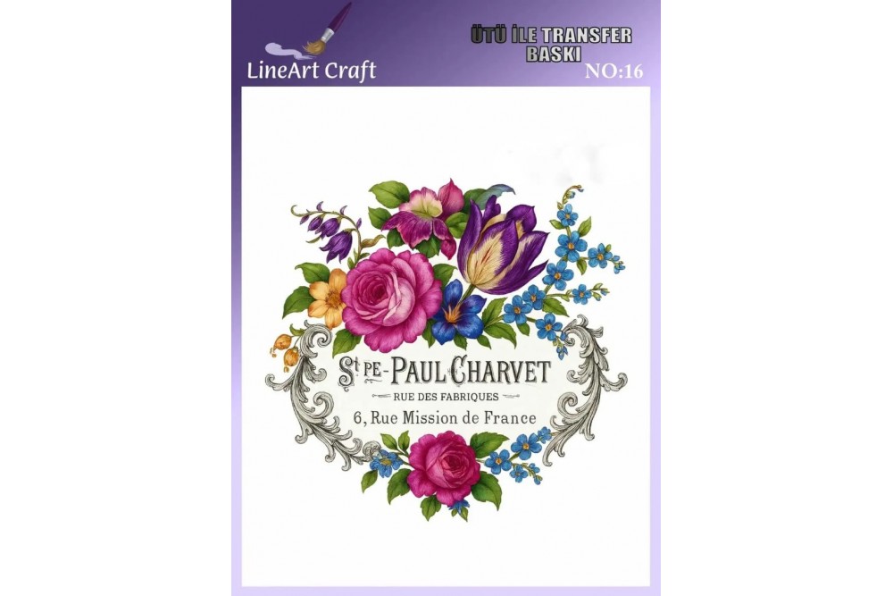 Lineart Ütü İle Rubon Transfer Baskı Yazılı Çiçek  20*20 NO16