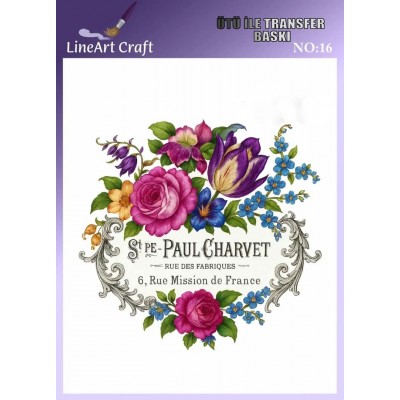 Lineart Ütü İle Rubon Transfer Baskı Yazılı Çiçek  20*20 NO16